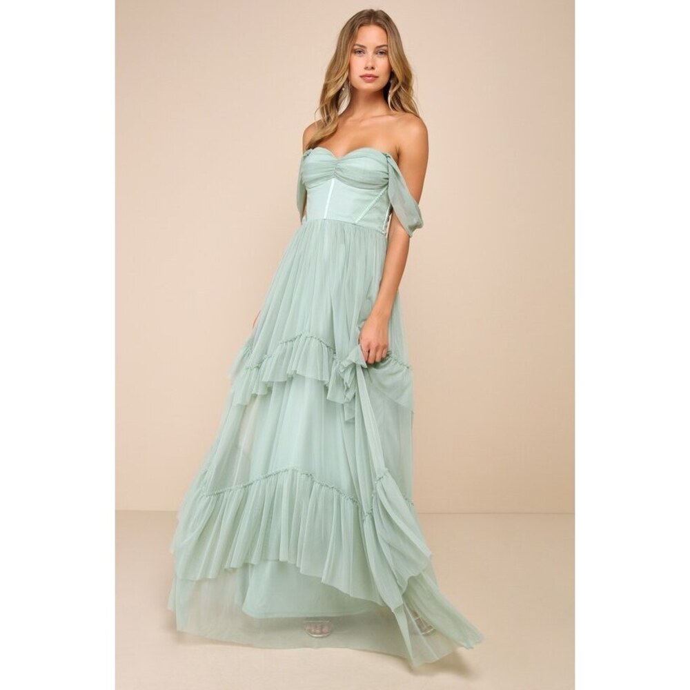 Lulus Stunning Personality Sage Green Mesh Off-the-shoulder Maxi Dress - Size S
